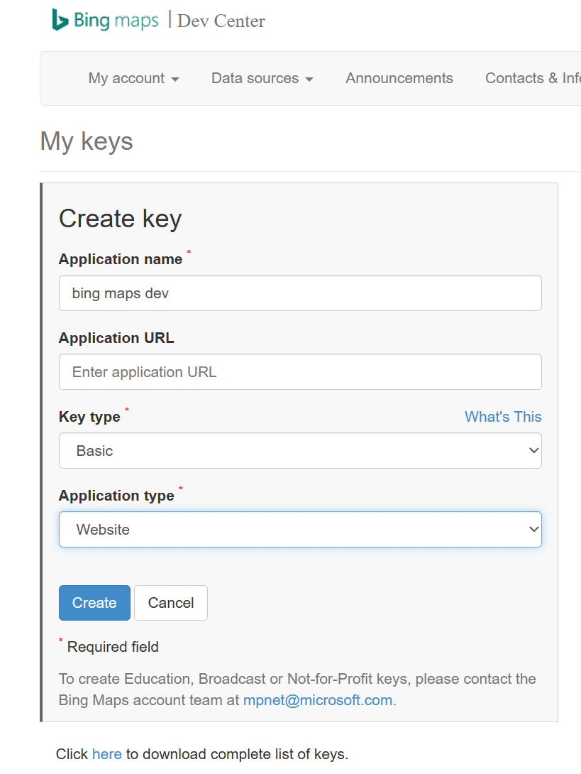 bing map create key